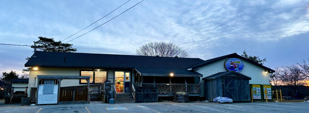 La Shoppe à Carl in Wedgeport, Nova Scotia at twilight.